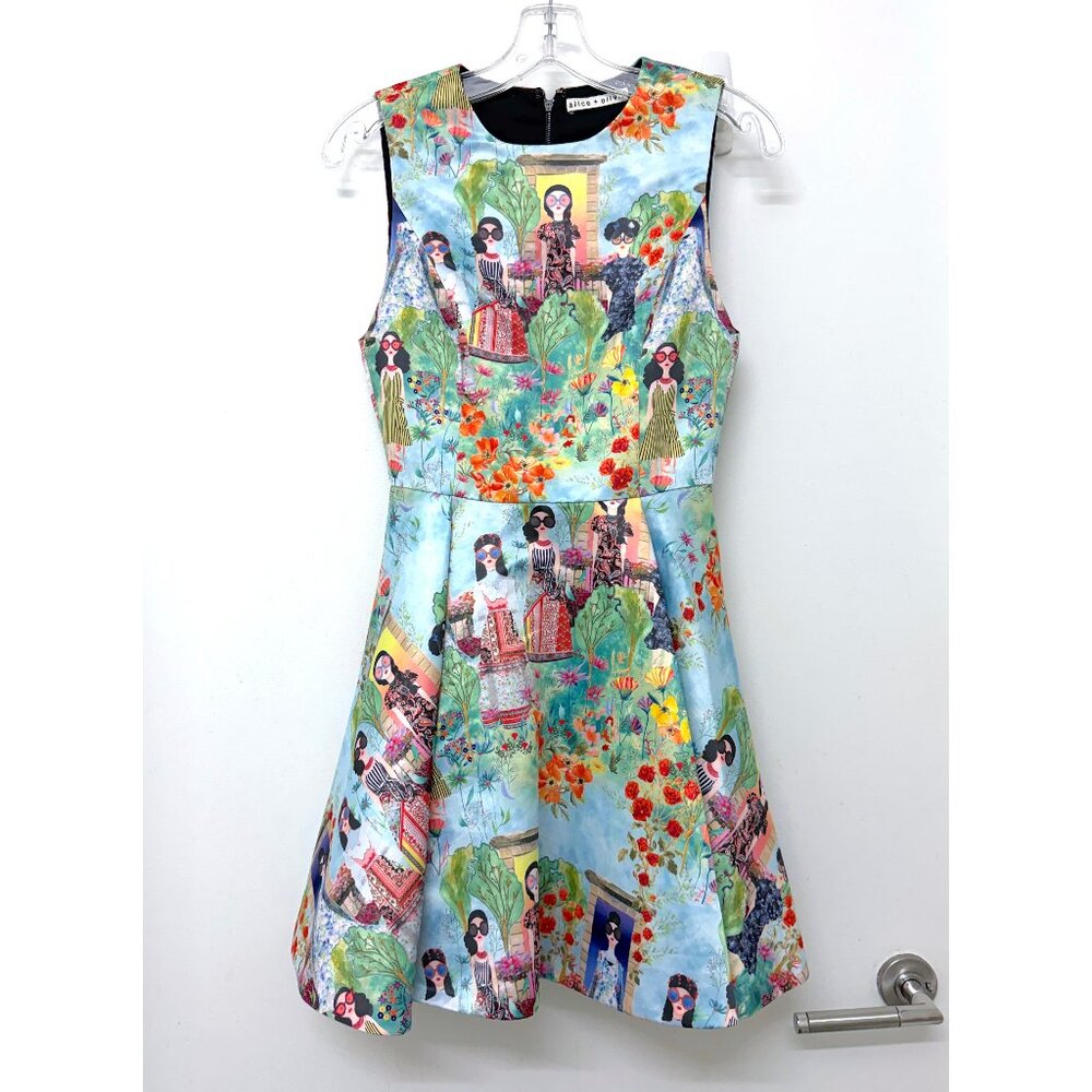 Alice + Olivia Kourtney Palace Print Mini Dress Blue Floral Satin Stace Face 0
